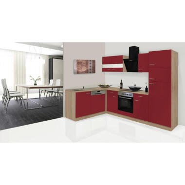 Einbauspüle aus Holz & Respekta Eckküche , Rot, Eiche , Glas , 2 Schubladen