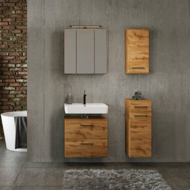 Badezimmer Set in Wotan Eiche Nb. mit Spiegelschrank