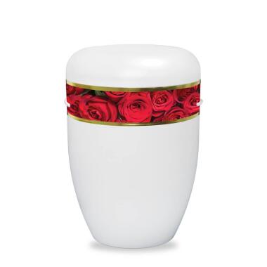 Biourne mit Händen & Weiße Naturfaser Urne mit Rosen Schmuckband Rosendekor