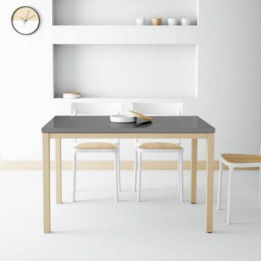  Buchenholz-Tisch & Ausziehbarer Glasstisch in Anthrazit Hochglanz Massivholzbeinen