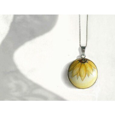 Eine Halbe Sonnenblume, Handbemalte Kette Halskette, Sterling Silber Schmuck