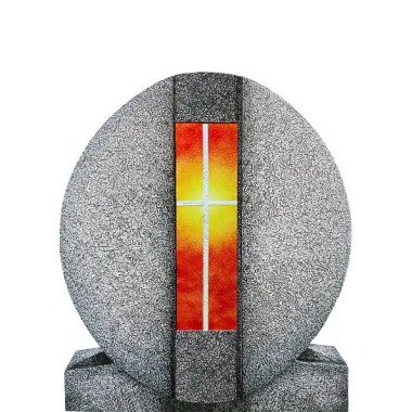 Granit Einzelgrab Grabdenkmal mit Glas Symbol Kreuz Gelb/rot