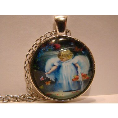 Halskette Kette Medaillon Necklace Glas Cabochon Engel Mädchen & Vintage