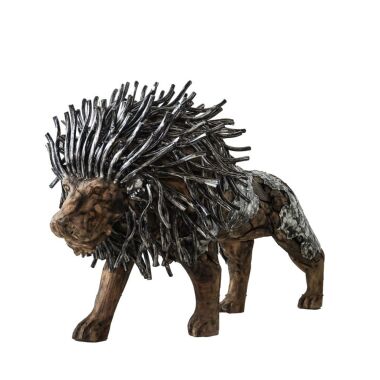 Stehende Teak Skulptur Löwe aus Holz & Aluminium Hemi