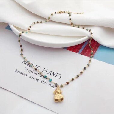 Türkis-Schmuck aus Metall & Türkis Bär Halskette, Perlen Kette Gold