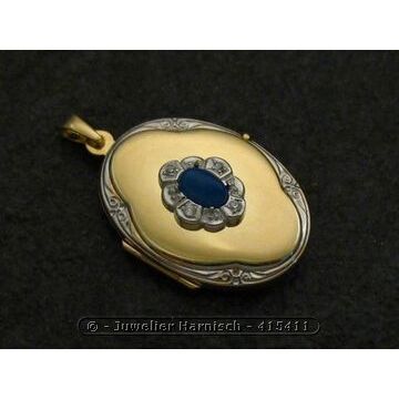 Achat blau Medaillon Cabochon Gold 585 bicolor + Brillanten