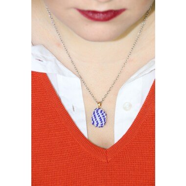 Halskette Mit Anhänger Aus Rocailles Perlen Blau Weiß
