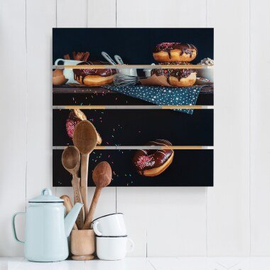 Holzbild Plankenoptik Küche Quadrat Donuts vom Küchenregal