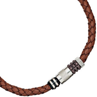 SIGO Collier Halskette Leder braun mit Edelstahl teilplattiert 45 cm Kette