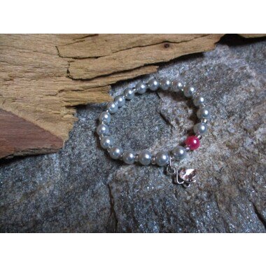 Armband Silber Perlen Charm Anhänger Blatt Pink Rosé Rosa Boho Perlenarmband