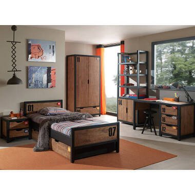Jugendzimmer Set mit Einzelbett 90x200, Nachttisch, Bettschublade, Kleiderschran