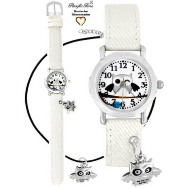 Pacific Time Quarzuhr Set Kinder Armbanduhr Mädchen Eule am Armband weiß und Ket