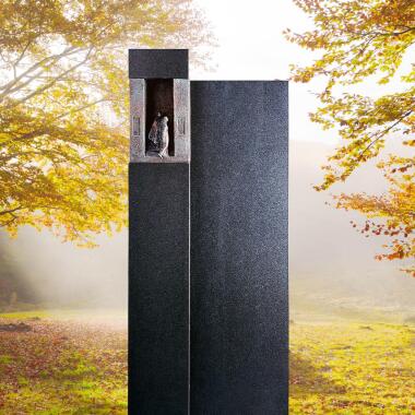 Schwarzer Granit Urnengrabstein mit Bronze Symbol Mensch Le Sauvoir
