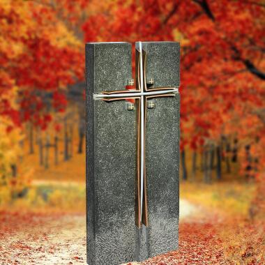 Dunkler Granit Einzelgrabstein mit Bronze Kreuz Lazare
