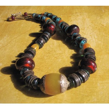 Halskette Necklace Faux Amber Afrika Glasperlen Böhmen Heishi Kokosscheiben