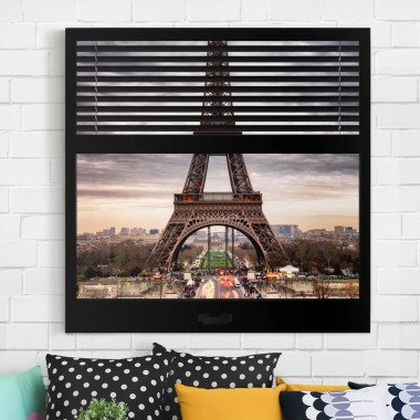 Leinwandbild Fensterblick Jalousie Eiffelturm Paris