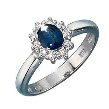SIGO Damen Ring 585 Gold Weißgold 1 Safir blau 10 Diamanten Brillanten