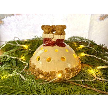 Keramikhalbkugel Teddybär, Windlicht, Dekokugel, Weihnachtskugel