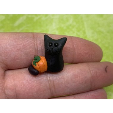 Miniatur Schwarze Katze Mit Kürbis, Fimo