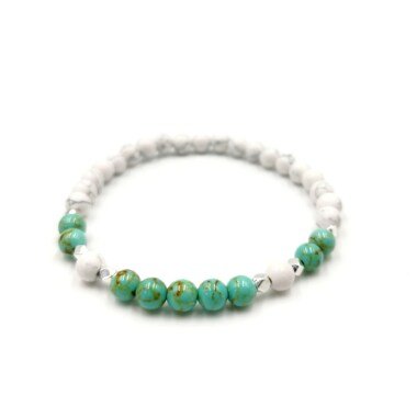 Mädchen Armband Weiß Mit Türkis Grün Jade Naturstein Perlen, Frauen Schmuck