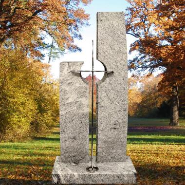 Modernes Grabmal aus grauem Granit mit Edelstahl Kreuz Paolini