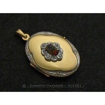 Opal syn. bunt Medaillon Cabochon Gold 585 bicolor + Brillanten