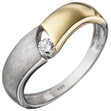 SIGO Damen Ring 925 Sterling Silber bicolor vergoldet matt 1 Zirkonia Silberring