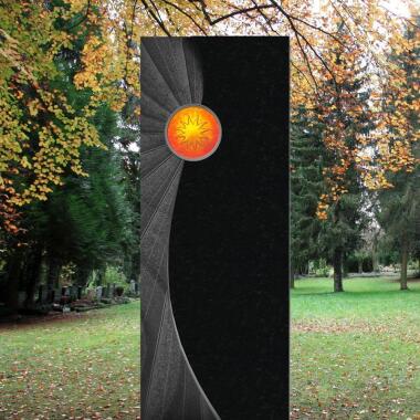 Urnengrabstein aus Glas & Schwarzer Urnen Grabstein mit Glas Sonne Solaris
