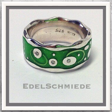 Keramik-Ring aus Metall & Grüner Bandring 925 Silber Mit 3 Brillanten # 58
