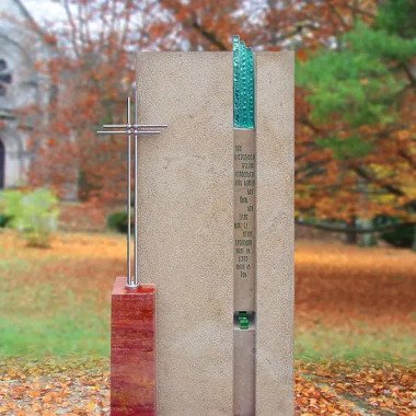 Moderner Grabstein Farbig mit Glaseinsatz & Kreuz
