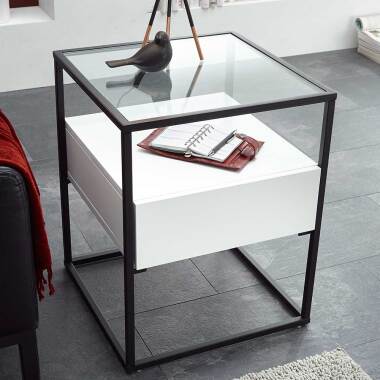 Glastisch in Weiß & Beistelltisch in Weiß und Schwarz Klarglasplatte