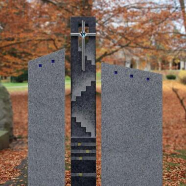 Grabstein für Doppelgrab aus Glas & Grabstein Granit modern dreiteilig