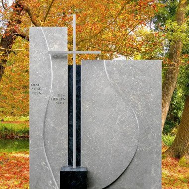 Ausgefallener Grabstein aus Edelstahl & Grabmal Naturstein Modern mit Edelstahl Kreuz