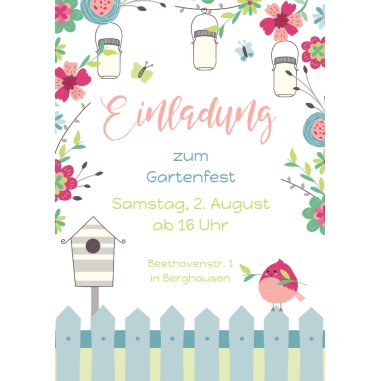 Einladungskarte zum Gartenfest Vogel&Gartenzaun