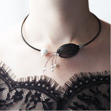 Kette Ohne Anhänger aus Glas & Schwarze Halskette Perle. Mesh-Halskette.