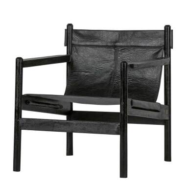 Lounge Sessel in Schwarz Echtleder Akazie Massivholz