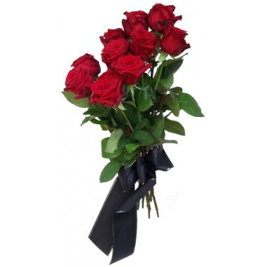 Trauerstrauß mit roten Rosen und mit schwarzer Schleife