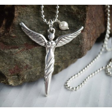 Halskette, Mittellang Silber Engel Schutzengel Perlen Kette Anhänger Engelkette