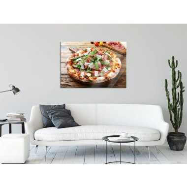 Prosciutto Pizza auf Holztisch, Glasbild Gre 80x60 cm
