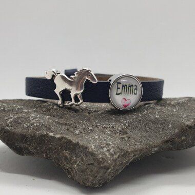 Armband/Lederarmband Personalisiert Mit Name in Blau Und Silbernem Pferd