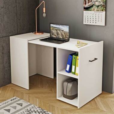 Ausziehbarer Home Office Tisch in Weiß Seitenregal