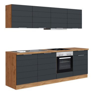 Küchenzeile Faro, 240 cm, grau/wotan – Energieeffizienzklasse