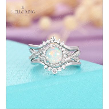 Opal Verlobungsring Set, Weißgold, Halo Set Diamant/Moissanite Ehering