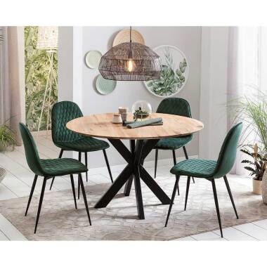 Tischgruppe & Design Esszimmergruppe mit rundem Tisch dunkelgrünen Polsterstühlen