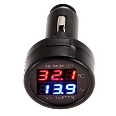 2 in 1 Universal 12-24V Auto LED Digital Voltmeter Gauge Thermometer USB Ladeger