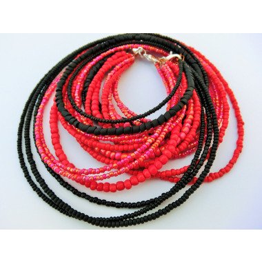 Collier/Kette Wechselkette in Schwarz Rot, Halskette Aus Rocailles Perlen
