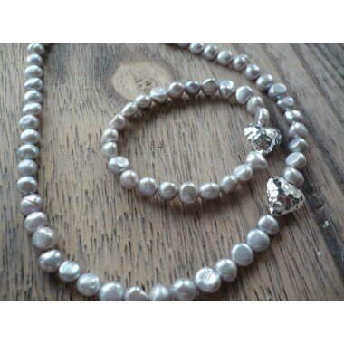Echte Silber-Graue Süßwasser Perlenkette Mit Silber-Herz, Echte Perlenkette