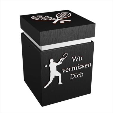Grab Urnen Modell in Schwarz & Design Holzurne schwarz mit Tennis Bild