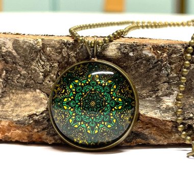 Halskette Mit Anhänger Kugelkette in Bronze Mandala Grün Gelb Boho Vintage