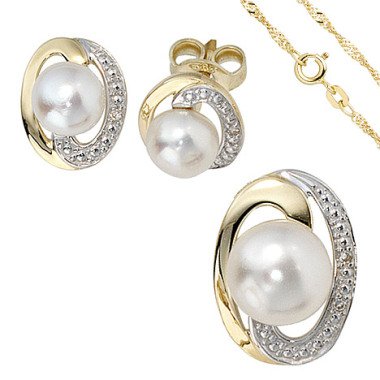 Schmuck Bastelset mit Perlen & SIGO Schmuck-Set 585 Gelbgold bicolor 3 Perlen 4 Diamanten Ohrringe
